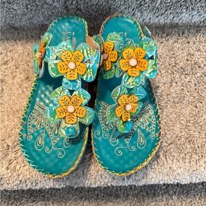 Floral Embellished Turquoise Sandals
